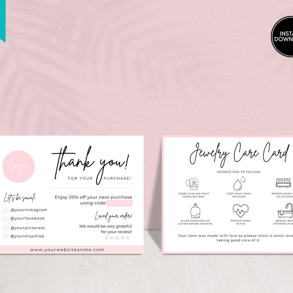 Small Business Jewelry Care Card Template, Printable Jewelry Care Instructions, Thank You Jewelry Care Card, Editable Earring Care Card