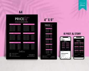 Price List Template Editable, Printable Price Guide, Salon Price List, Beauty Price List, Business Price List Flyer, Canva Price Template