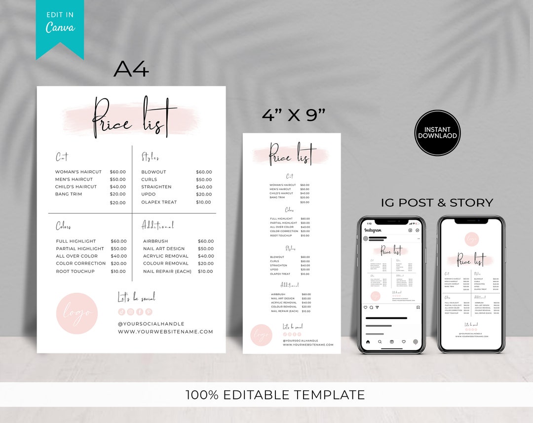 Price List Template Editable, Spa and Salon Price List Template ...