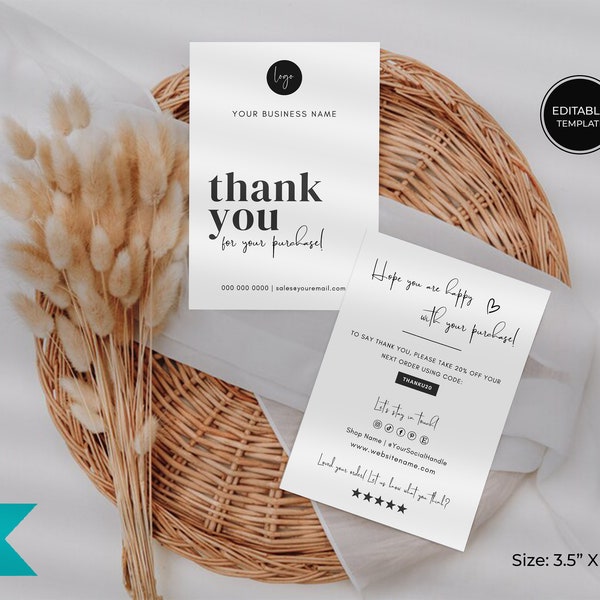 Etsy Thank You Card Template, Editable Small Business Thank You Template, Printable Thank You Package Insert Card,  Canva Template