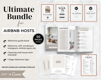 L'ultimo modello di pacchetto host di Airbnb, modello di libro di benvenuto di Airbnb, guida di benvenuto, liste di controllo per la pulizia della casa di Airbnb, cartelli stampabili