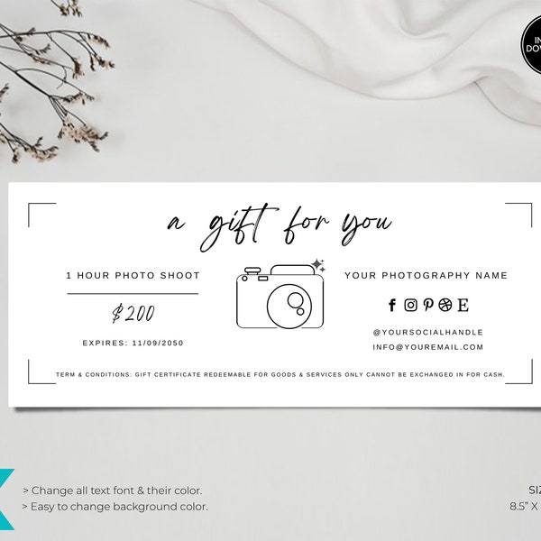 Photography Gift Certificate Template | Printable Gift Voucher Template | DIY Gift Card | Editable Gift Card Template  Shop Voucher Template