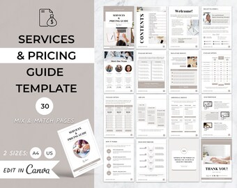 Modèle de guide de services et de tarification Canva, nouveau paquet de bienvenue client, liste de prix, feuille de ligne, catalogue, coachs commerciaux, proposition client