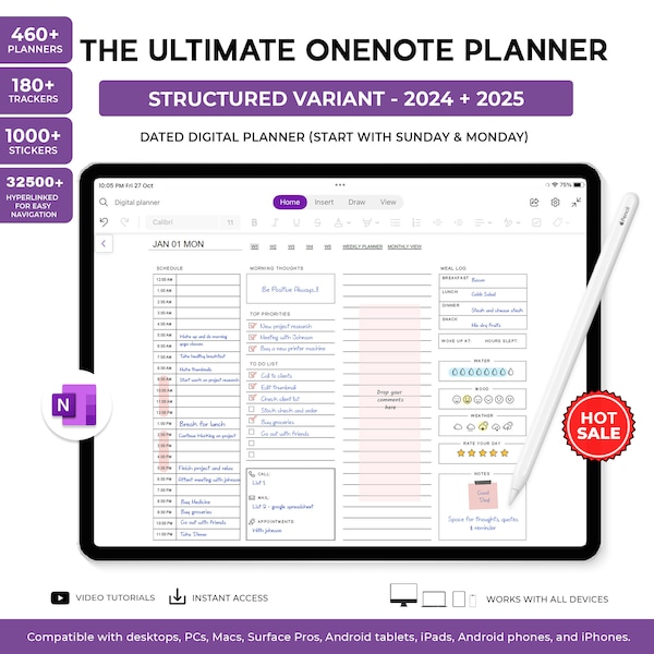 Agenda numérique OneNote, Agenda OneNote avec lien hypertexte, Agenda numérique 2024 2025 - Android, iPad, Windows, PC, MacBook, Surface pro, ordinateur