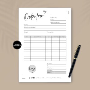 EDITABLE Order Form Template, Invoice Form Template, Printable Order ...