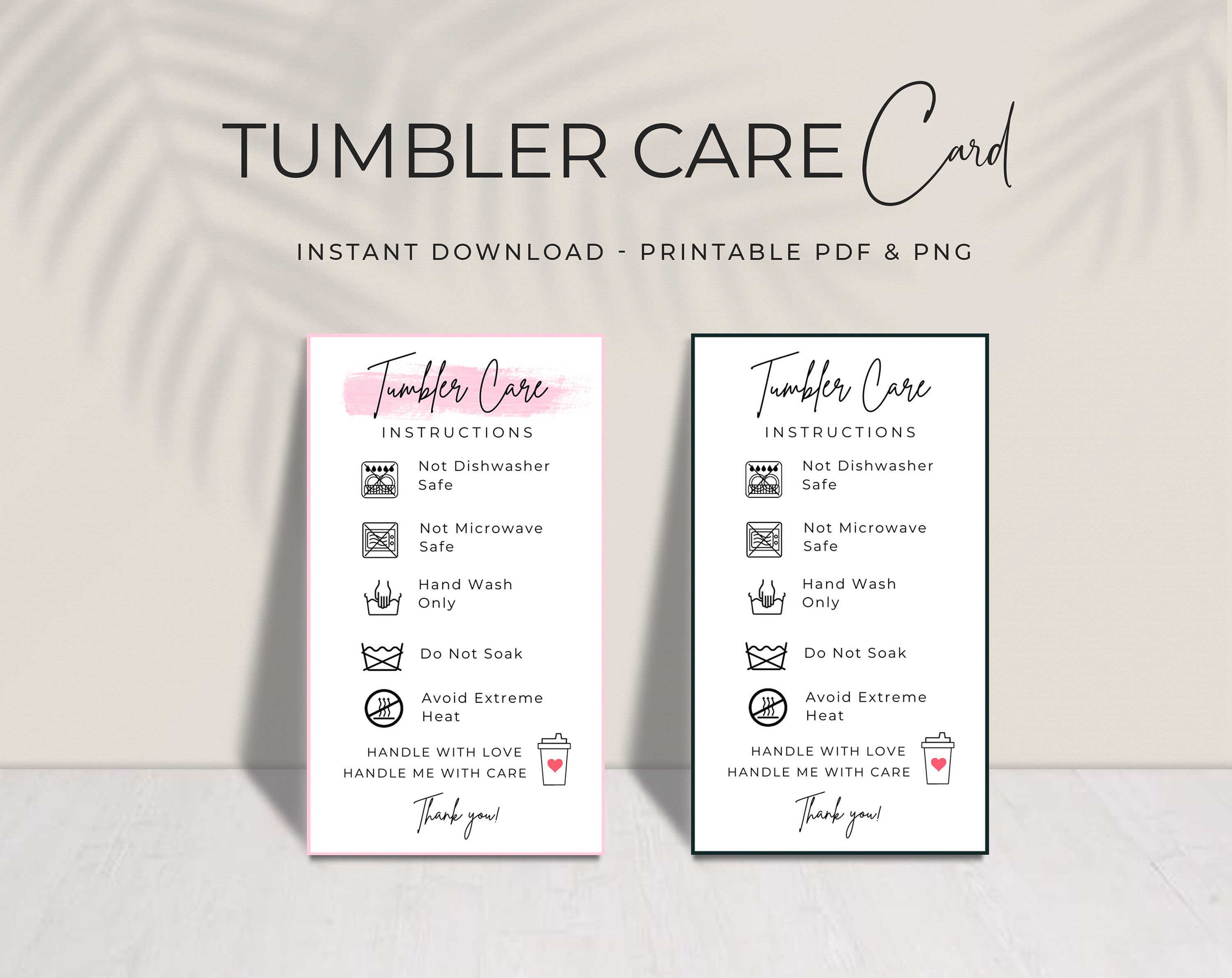 Editable Cup Care Card Template, Printable Tumbler Care Card