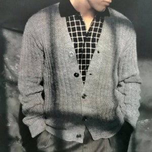 VOGUE 1950's Vintage Men's V-Neck Sports Ridge-Pattern Cardigan Jacket 4ply Knitting Pattern