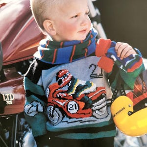 子供用（年齢：約4～8歳）バイク柄プルオーバージャンパーセーター4プライ編みパターン