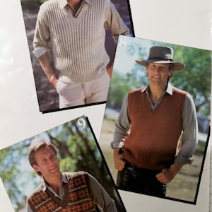Men&#39;s x3 Vintage V-neck Vests Sleeveless Sweater Pullover Jumper 8ply & 5ply Knitting Patterns