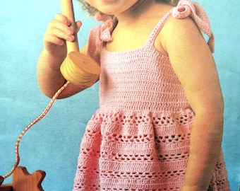 Vintage Girls Children's Crochet Sleeveless Tie-Shoulder Dress 4ply Crochet Pattern