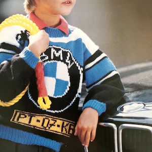キッズ 子供用 (対象年齢: 7-10 歳) BMW 車柄 プルオーバー ジャンパー セーター 8ply 編み物パターン