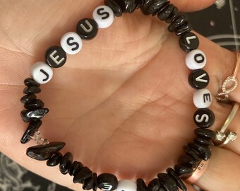 Black Tourmaline Jesus Loves Me Protection Natural Genuine Healing Crystal Bracelet