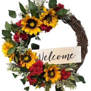 Sunflower and Red Geranium Floral Wreath, Summer Door Wreath,