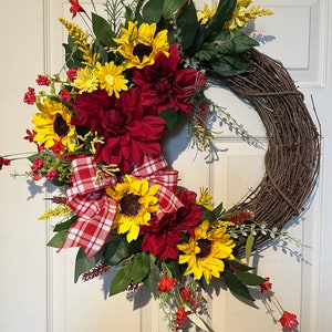 Sunflower and Red Geranium Floral Wreath, Summer Door Wreath,