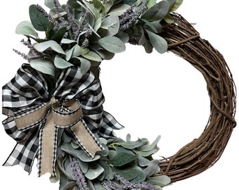 Farmhouse Wreath, Year Round Wreath, Door Decor, Buffalo Check Lavender Wreath
