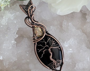 Black Onyx & Citrine Facet Tree of Life Pendant- Wire Wrapped Pendant
