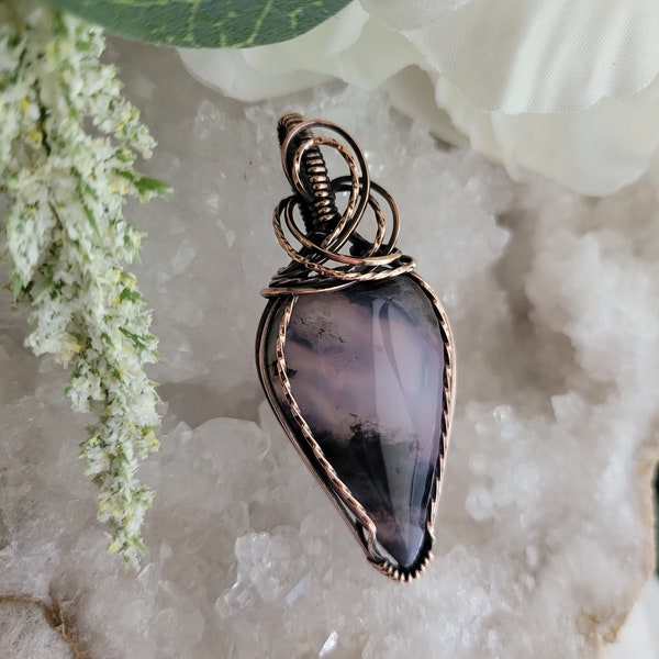 Purple Moss Agate in Antiqued Copper- Wire Wrapped Pendant