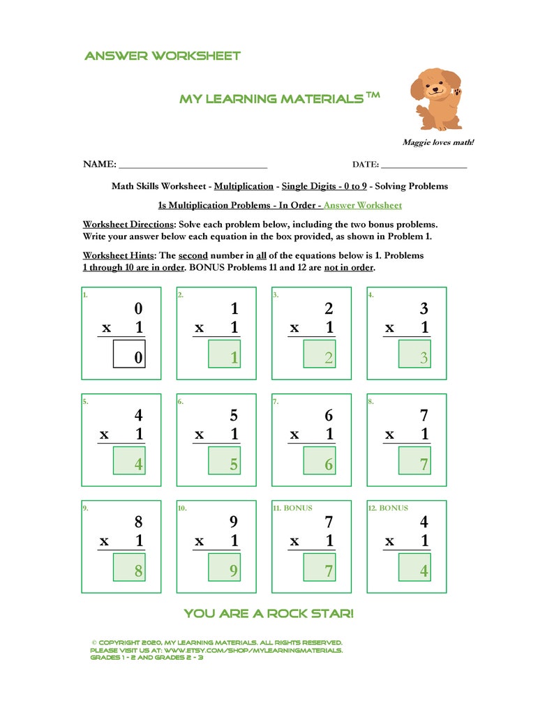 1s Multiplication Problems. Single Digit Multiplication Math Worksheet ...