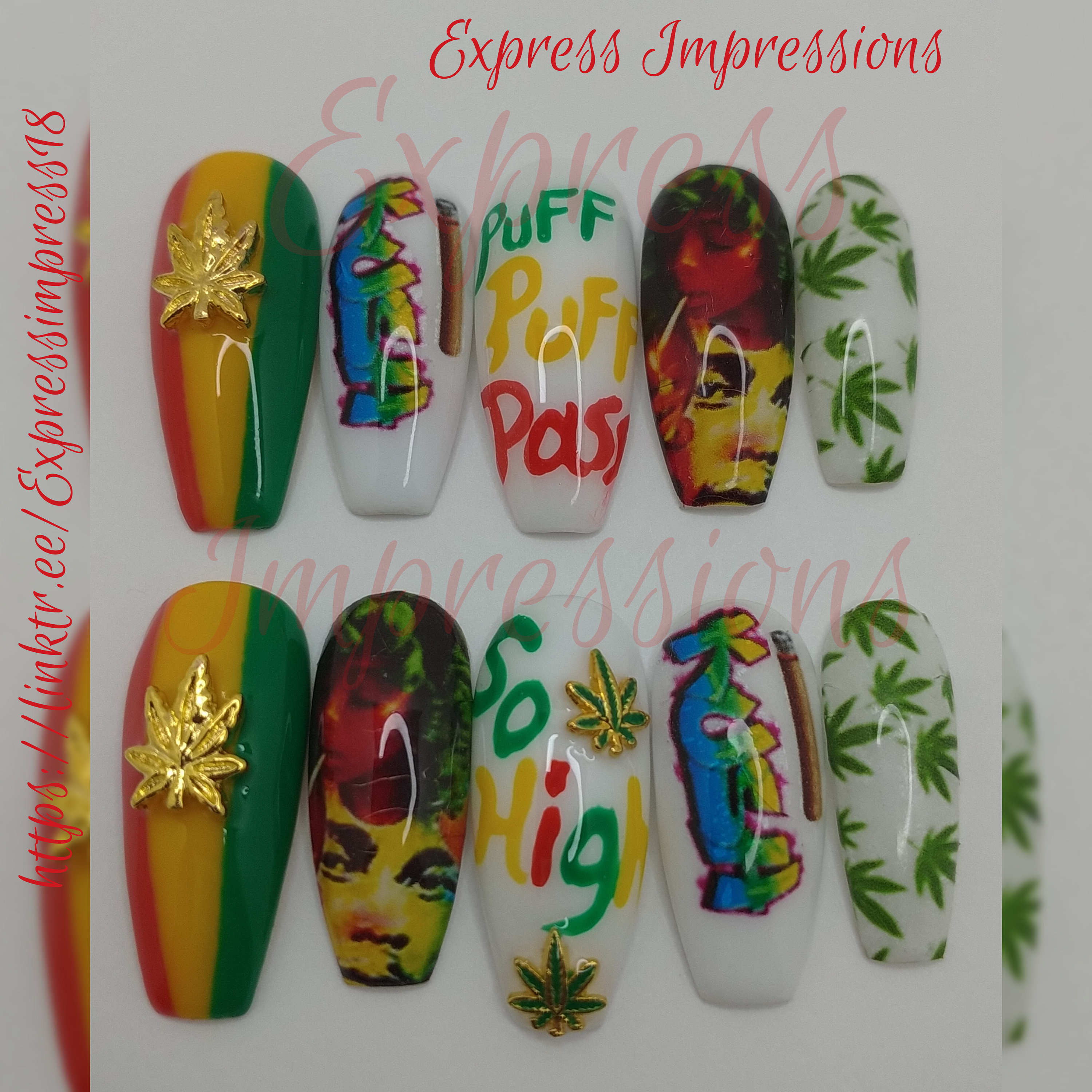 Bob Marley Press On Nails | 420 Press On Nails| Smoker Press Ons|Free Shipping|Jamaican Smoker Press Ons |Trending Press On Nails|Weed Nails