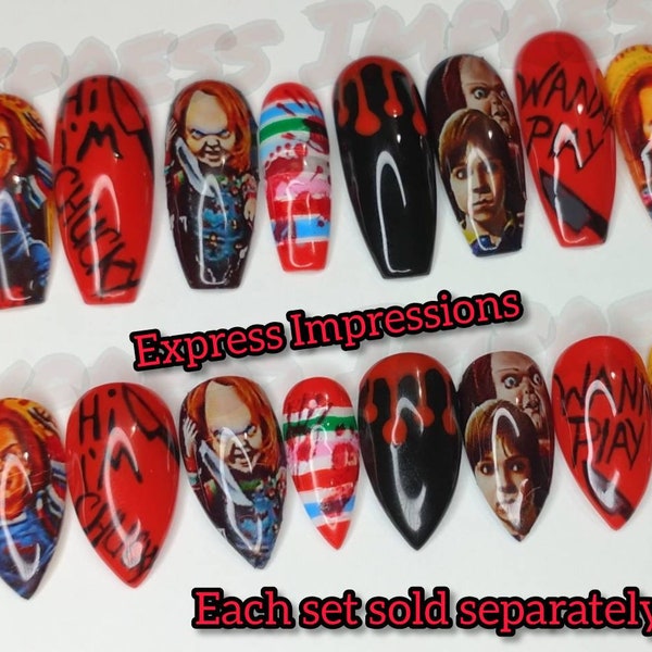 Chucky Press On Nails, Halloween Nails, Chucky Doll Nails, Classic Halloween Nails, Classic Nails, Scary Movie Nails, Hard Gel Nails