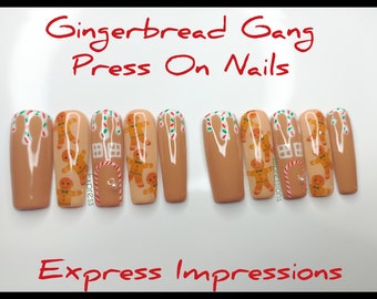 Gingerbread Press On Nails, Christmas Sprinkle Nails, Made To Order Nails, Gingerbread House Nails, Brown Christmas Nails, Xmas Drips Nails