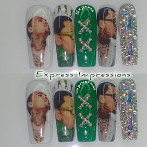 Chris Brown Press On Nails, Hard Gel Nails|Breezy Bowl Nails|Green Chris Brown Concert Press Ons|Chris Brown Fans|Xl Square Chris Brown Nail