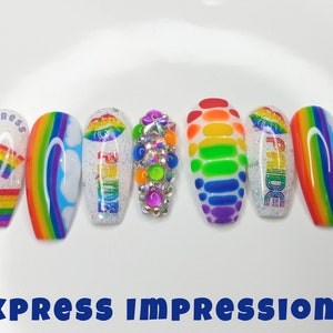 Gay Pride Press On Nails|Colorful Nails|Multicolor Nails|Lgbtq press on nails|Rainbow Press On Nails|Long Nails|Bling Out Press On Nails|