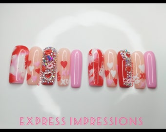 Valentine's Day Press On Nails, V Day Nails, Pink Nails, Red Nails, Bling Nails, Heart Nails, XoXo Nails, Love Nails, Hard Gel Nails