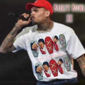 Chris Brown Concert Press On Nails|Breezy Bowl XX Tour|Chris Brown Long Press Ons|Chris Brown Fan Nails|Bling Nails|Red Press On Nails