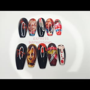 Chucky Press On Nails, Halloween Press On Nails, Tiff & Chucky Nails, Hand Drawn Press On Nails, Knife Press On Nails, Coffin Press On Nails