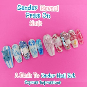 Baby Shower Press On Nails, Gender Reveal Press On Nails, It&#39;s A Girl Nails, It&#39;s A Boy Nails, Pink Nails, Blue Nails, Baby Bottle Nails
