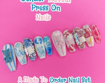 Baby Shower Press On Nails, Gender Reveal Press On Nails, It&#39;s A Girl Nails, It&#39;s A Boy Nails, Pink Nails, Blue Nails, Baby Bottle Nails