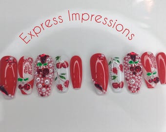 Cherry Press On Nails|Red Nails| White Nails|Cherry Nails|Bling Nails|Striped Nails|Hard Gel Nails|Long Nails|Glue on Nails|False Nails|