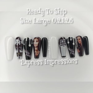 Addams Family Press On Nails, Halloween Nails, Spooky Nails, Black Nails, White Nails, Strip Nails, Handmade Nails, Hard Gel Nails