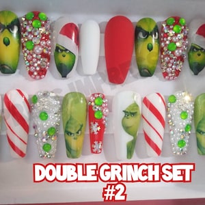 Grinch Christmas Press On Nails, Christmas nails, Holiday nails, green nails, bling nails, glitter nails, Holo glitter nails, Hard Gel Nails