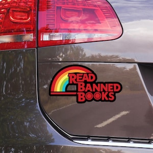 Read Banned books Car Bumper Sticker | Rainbow Design | Bans off our books | Bumper sticker | Banned books bumper sticker | Waterproof Decal