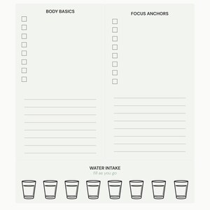 May include: A light gray notepad with sections labeled "BODY BASICS" and "FOCUS ANCHORS." Each section has checkboxes and lines for writing. The bottom section features a water intake tracker with eight glasses and the text "WATER INTAKE fill as you go."