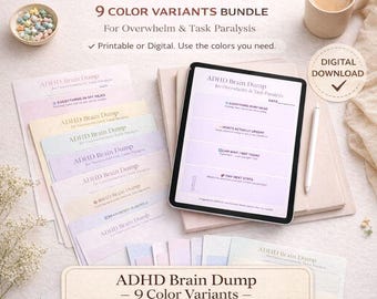 May include: An image showcasing an ADHD Brain Dump bundle with 9 color variants. The image includes a tablet displaying a digital version, along with printed sheets. A coffee mug and decorative bowl are also present. The text indicates the product is for Overwhelm & Task Paralysis.