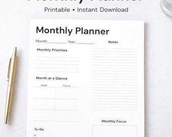 Minimalist Monthly Planner Printable | Undated PDF, Priorities & Tasks (Instant Download)