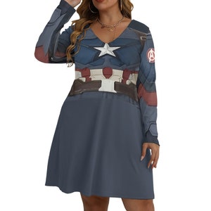 Kostium Kapitan Ameryka Kobieta Plus Size | Sukienka Cosplay Avengers | Sukienka Marvel Superhero z długim rękawem (Plus Size)
