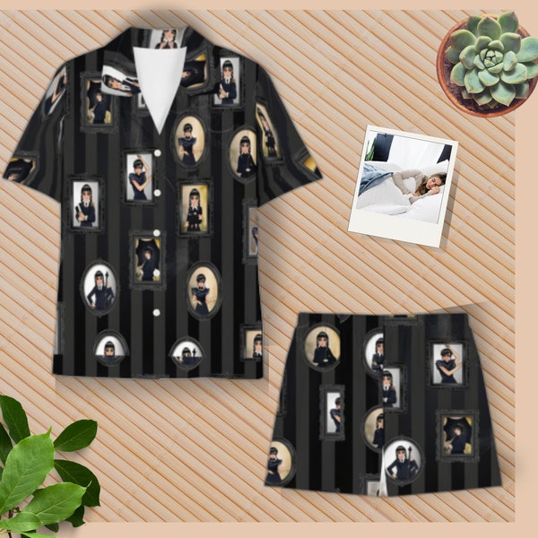 Wednesday Addams Gothic Pajama Set , Gothic Gift for Her , Vintage Style Addams Family Sleepwear , Wednesday Addams Gift