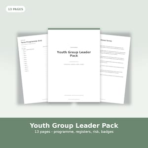 以下が含まれることがあります： Youth Group Leader Packと題された13ページのドキュメントセット。表紙、週ごとのスケジュールが記載されたTerm Programme Gridページ、フォームに関するテキストが記載された情報ページで構成され、すべて白い紙に印刷されています。