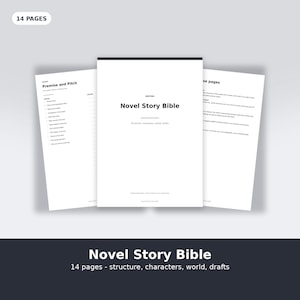 May include: A 14-page digital document titled Novel Story Bible, featuring a white cover with black text and two additional pages showing structured writing prompts, character development sections, and world-building outlines for authors.