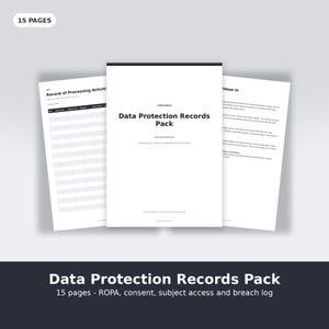Può includere: Un set di documenti di 15 pagine intitolato Data Protection Records Pack, che include una pagina di copertina con il testo Processing, consent, requests and breaches e una pagina con una tabella Record of Processing Activities.
