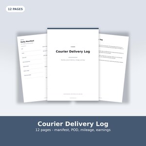 Może przedstawiać: 12-stronicowy dokument Courier Delivery Log z białą okładką i czarnym tekstem o treści Courier Delivery Log, manifest, proof of delivery, mileage, earnings. Dokument zawiera stronę dziennego manifestu z polami na datę oraz informacje o pojeździe.