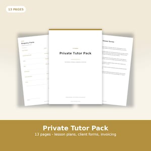 Puede incluir: Un conjunto de documentos de 13 páginas llamado Private Tutor Pack que incluye un formulario de consulta, una portada con el título Private Tutor Pack y una página de instrucciones. Los documentos son blancos con texto negro y detalles dorados.