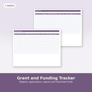 May include: A set of 7 sheets for a Grant and Funding Tracker featuring purple headers. The documents include tables labelled Funding Pipeline and Applications Submitted with columns for tracking data, reports, and restricted funds for organisation.