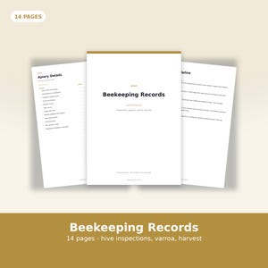 Puede incluir: Un conjunto de documentos de 14 páginas para registros de apicultura, con una portada central titulada Beekeeping Records y el subtítulo Inspections, queens, varroa, harvest. Incluye una página de Apiary Details con campos y una página de disciplina.