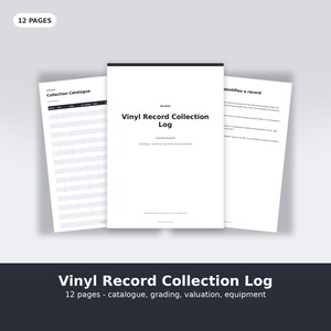 May include: A 12-page Vinyl Record Collection Log featuring a white cover with black text that reads Vinyl Record Collection Log, along with interior pages showing a collection catalogue grid and informational text for tracking records.