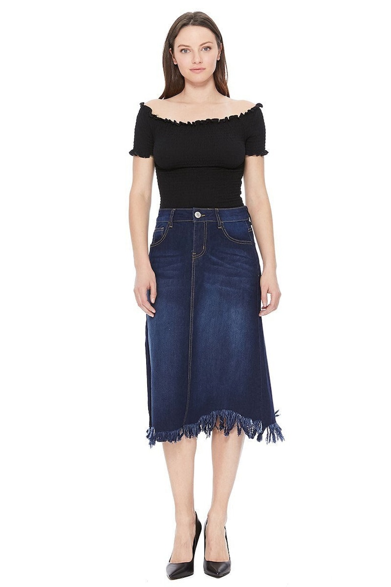 Denim Skirt / Midi Skirt / Dark Blue Skirt / Button Skirt / Stretching
